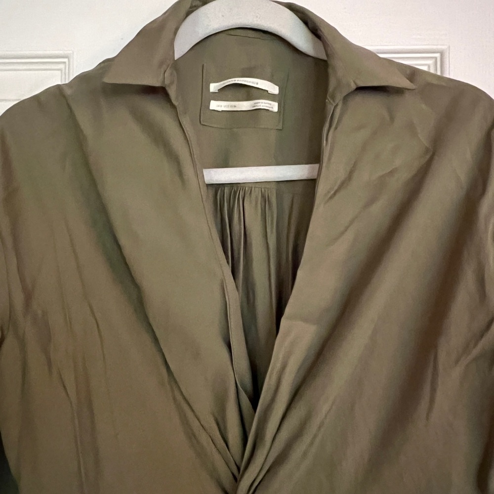 Anthropologie, dark forest olive green collared linen style dress midi